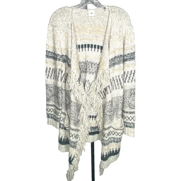CAbi Shetland Cardigan Waterfall Sweater Boho Aztec Fringe Open Front Small Sz S - Picture 1 of 10
